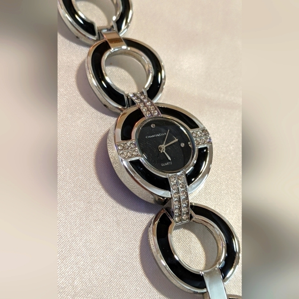 Charter Club Women's Dress Watch Silver w/ Black Enamel & Crystals New Battery